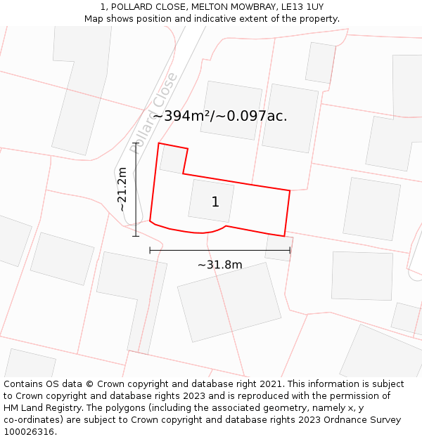 1, POLLARD CLOSE, MELTON MOWBRAY, LE13 1UY: Plot and title map