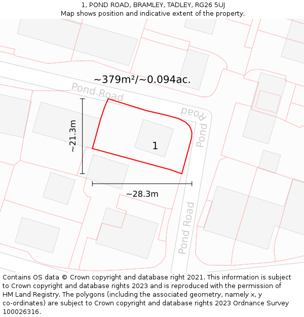 1, POND ROAD, BRAMLEY, TADLEY, RG26 5UJ: Plot and title map