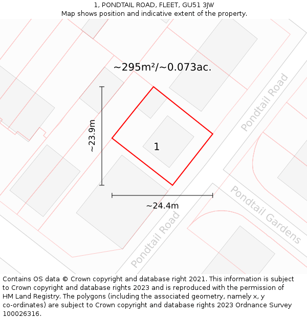 1, PONDTAIL ROAD, FLEET, GU51 3JW: Plot and title map