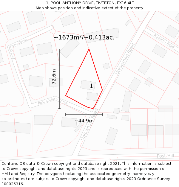 1, POOL ANTHONY DRIVE, TIVERTON, EX16 4LT: Plot and title map