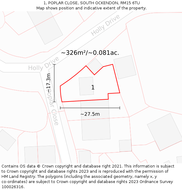 1, POPLAR CLOSE, SOUTH OCKENDON, RM15 6TU: Plot and title map