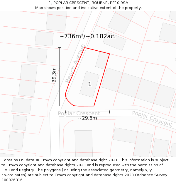 1, POPLAR CRESCENT, BOURNE, PE10 9SA: Plot and title map