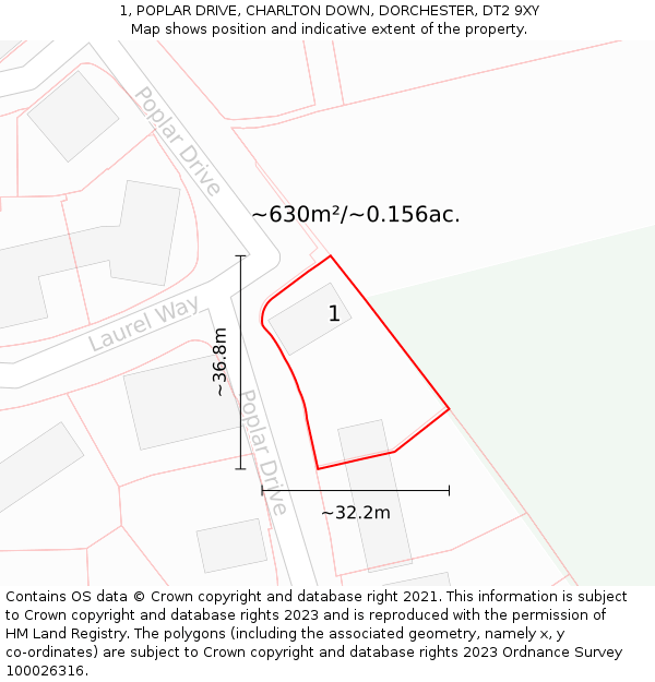 1, POPLAR DRIVE, CHARLTON DOWN, DORCHESTER, DT2 9XY: Plot and title map