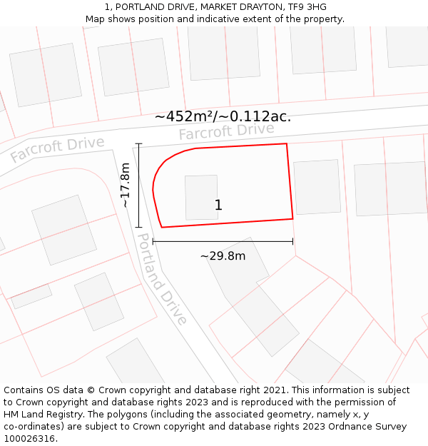 1, PORTLAND DRIVE, MARKET DRAYTON, TF9 3HG: Plot and title map