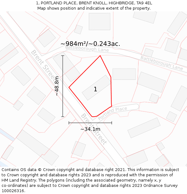 1, PORTLAND PLACE, BRENT KNOLL, HIGHBRIDGE, TA9 4EL: Plot and title map