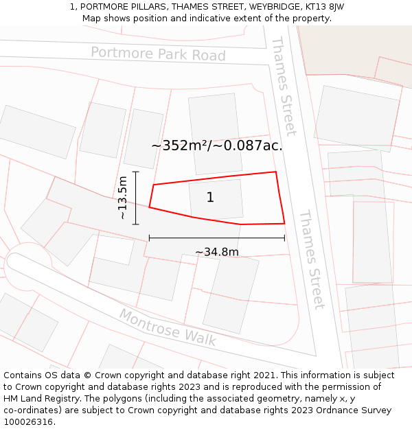 1, PORTMORE PILLARS, THAMES STREET, WEYBRIDGE, KT13 8JW: Plot and title map