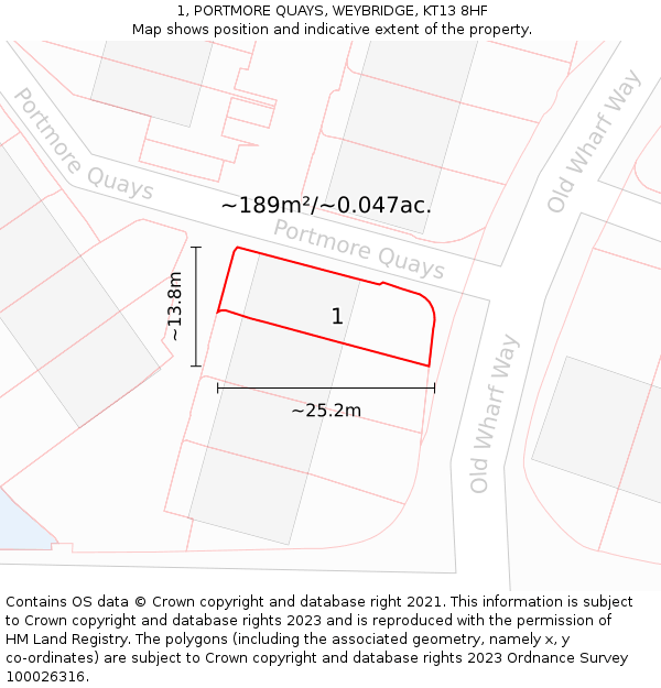 1, PORTMORE QUAYS, WEYBRIDGE, KT13 8HF: Plot and title map