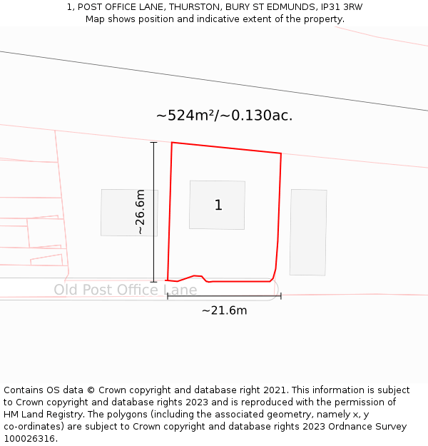 1, POST OFFICE LANE, THURSTON, BURY ST EDMUNDS, IP31 3RW: Plot and title map