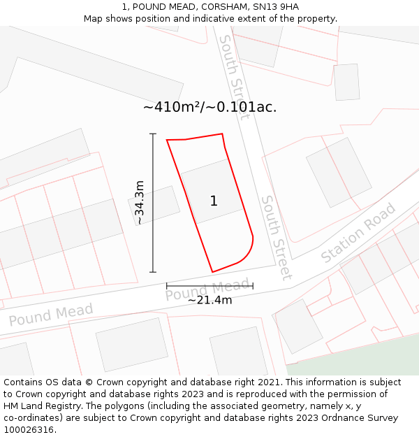 1, POUND MEAD, CORSHAM, SN13 9HA: Plot and title map