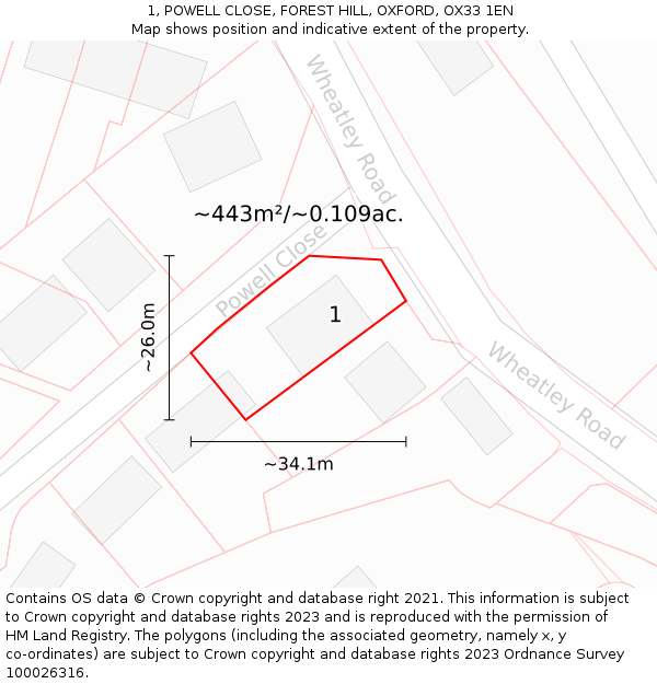 1, POWELL CLOSE, FOREST HILL, OXFORD, OX33 1EN: Plot and title map