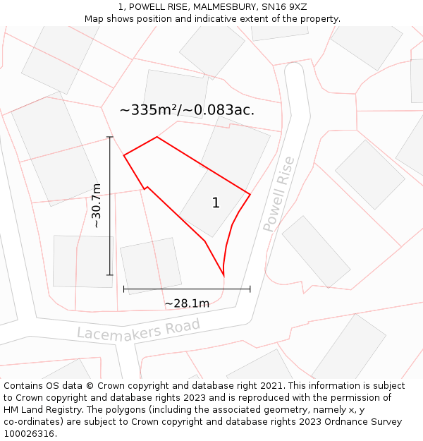 1, POWELL RISE, MALMESBURY, SN16 9XZ: Plot and title map