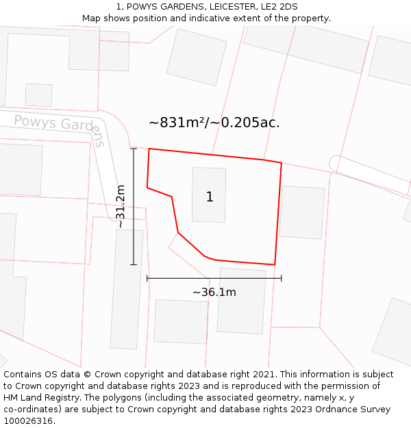 1, POWYS GARDENS, LEICESTER, LE2 2DS: Plot and title map