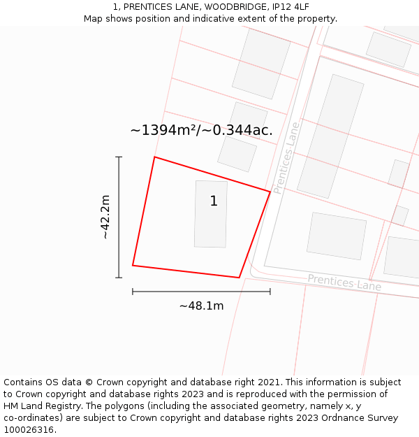 1, PRENTICES LANE, WOODBRIDGE, IP12 4LF: Plot and title map