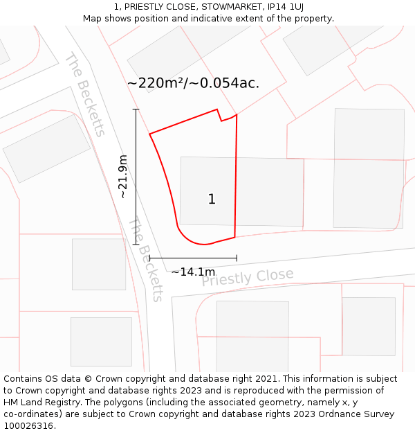 1, PRIESTLY CLOSE, STOWMARKET, IP14 1UJ: Plot and title map