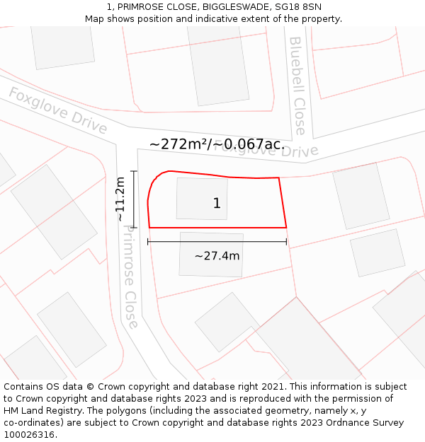 1, PRIMROSE CLOSE, BIGGLESWADE, SG18 8SN: Plot and title map