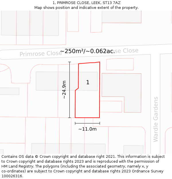 1, PRIMROSE CLOSE, LEEK, ST13 7AZ: Plot and title map