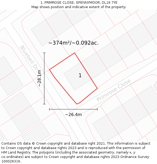 1, PRIMROSE CLOSE, SPENNYMOOR, DL16 7YE: Plot and title map