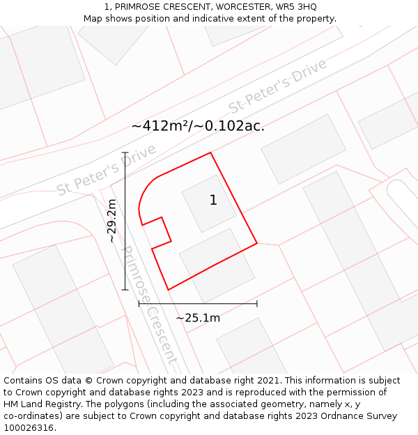 1, PRIMROSE CRESCENT, WORCESTER, WR5 3HQ: Plot and title map