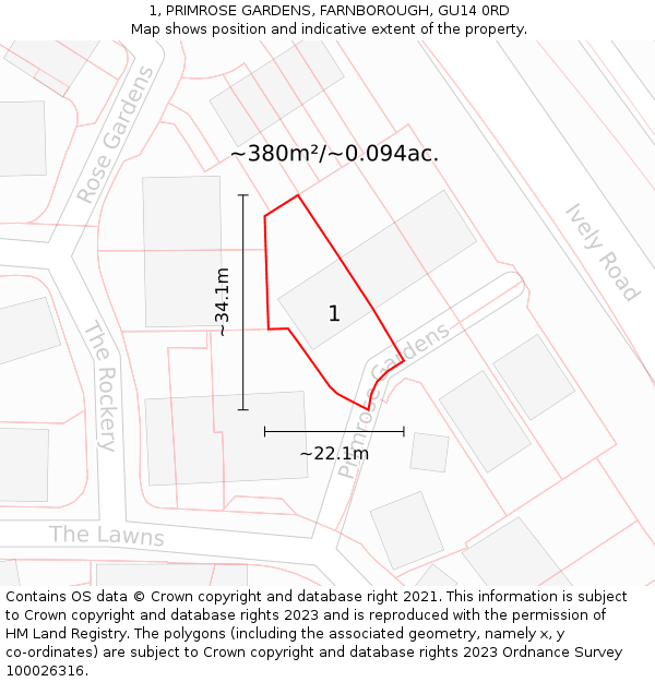 1, PRIMROSE GARDENS, FARNBOROUGH, GU14 0RD: Plot and title map