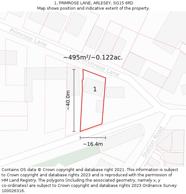 1, PRIMROSE LANE, ARLESEY, SG15 6RD: Plot and title map