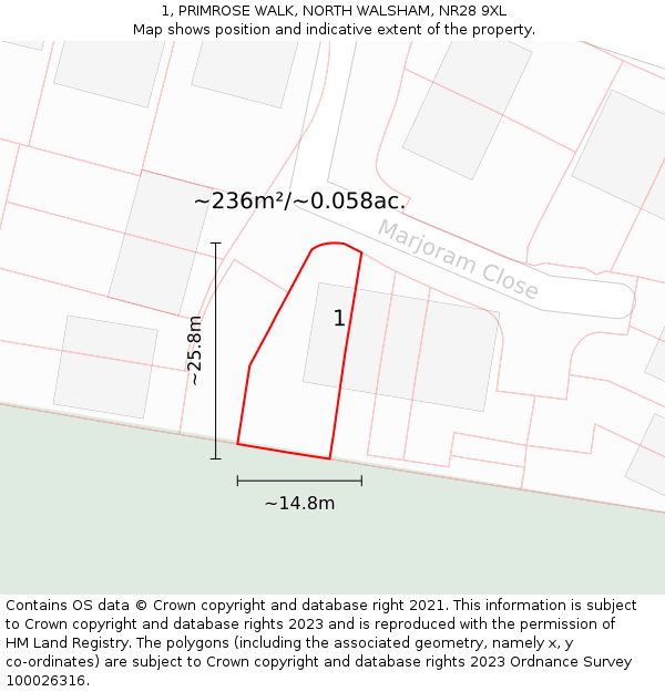 1, PRIMROSE WALK, NORTH WALSHAM, NR28 9XL: Plot and title map