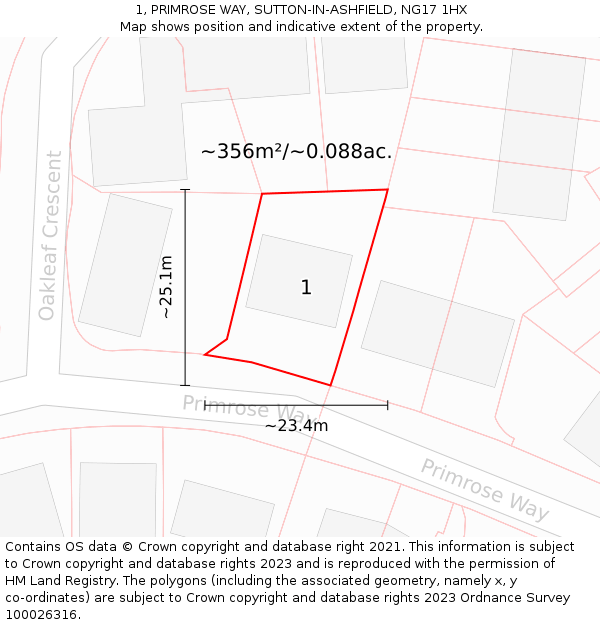 1, PRIMROSE WAY, SUTTON-IN-ASHFIELD, NG17 1HX: Plot and title map