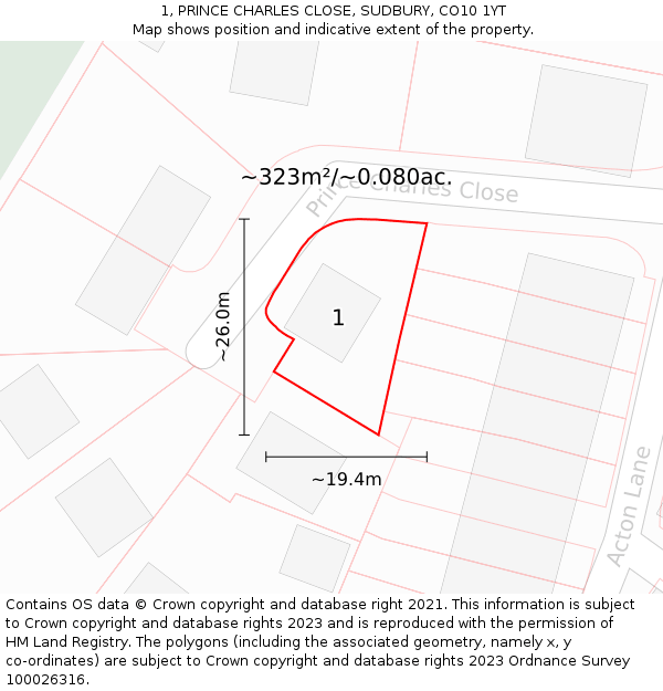 1, PRINCE CHARLES CLOSE, SUDBURY, CO10 1YT: Plot and title map