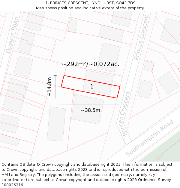 1, PRINCES CRESCENT, LYNDHURST, SO43 7BS: Plot and title map