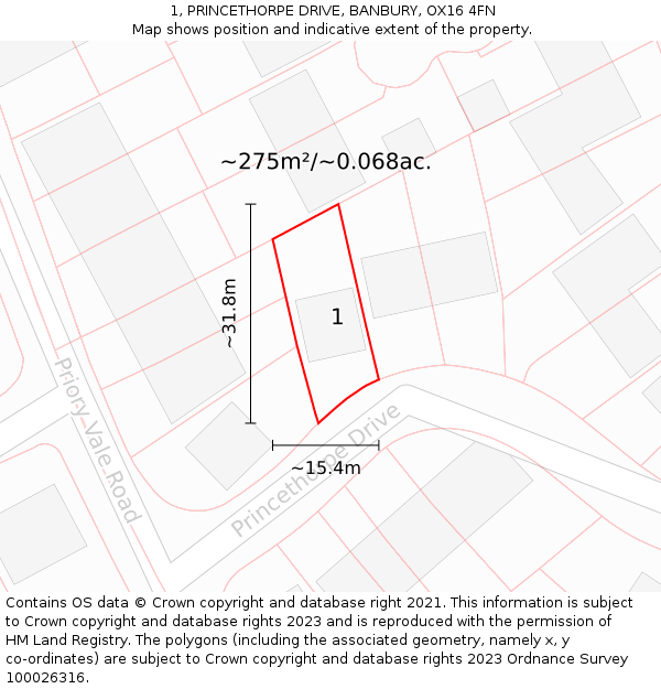 1, PRINCETHORPE DRIVE, BANBURY, OX16 4FN: Plot and title map