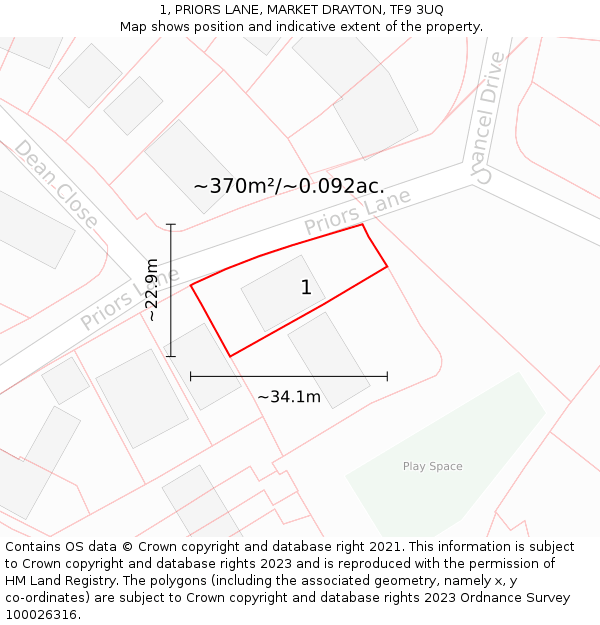 1, PRIORS LANE, MARKET DRAYTON, TF9 3UQ: Plot and title map