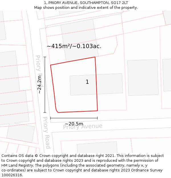 1, PRIORY AVENUE, SOUTHAMPTON, SO17 2LT: Plot and title map