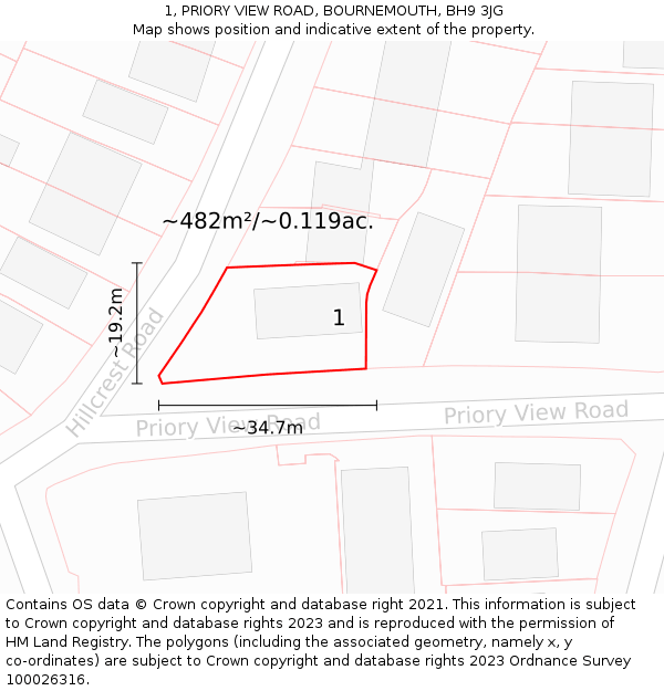 1, PRIORY VIEW ROAD, BOURNEMOUTH, BH9 3JG: Plot and title map