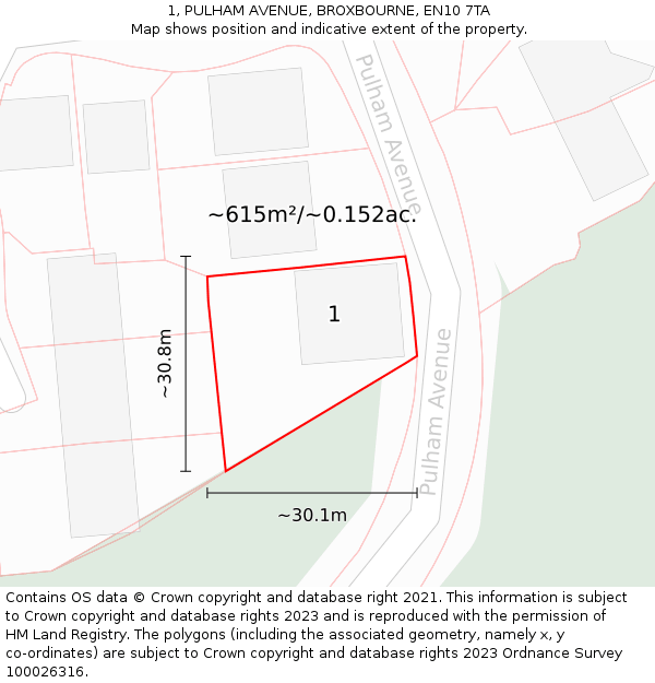 1, PULHAM AVENUE, BROXBOURNE, EN10 7TA: Plot and title map