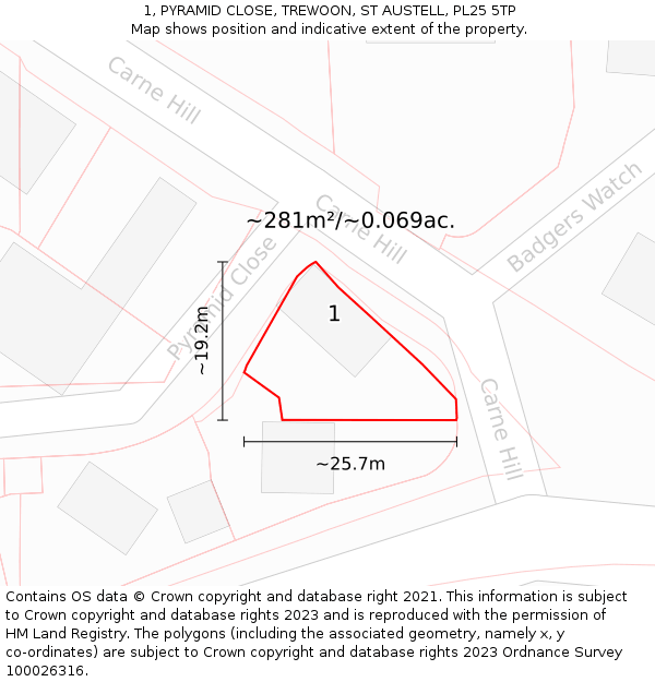 1, PYRAMID CLOSE, TREWOON, ST AUSTELL, PL25 5TP: Plot and title map