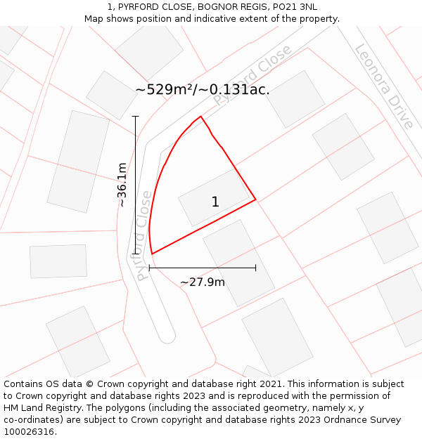 1, PYRFORD CLOSE, BOGNOR REGIS, PO21 3NL: Plot and title map