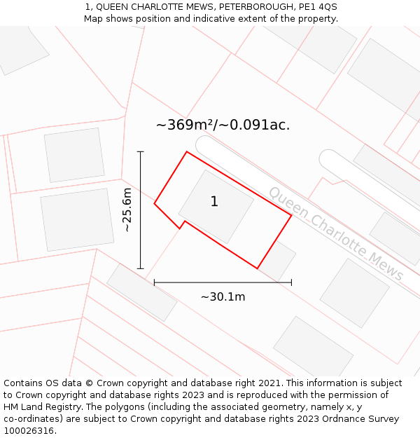 1, QUEEN CHARLOTTE MEWS, PETERBOROUGH, PE1 4QS: Plot and title map