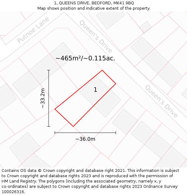 1, QUEENS DRIVE, BEDFORD, MK41 9BQ: Plot and title map