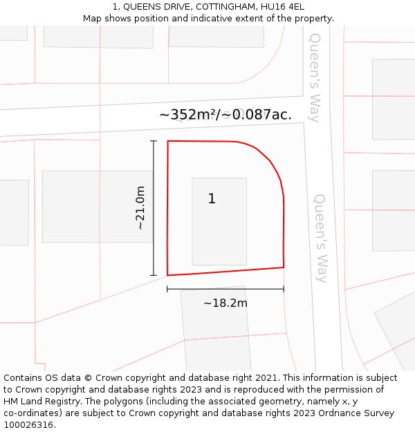 1, QUEENS DRIVE, COTTINGHAM, HU16 4EL: Plot and title map