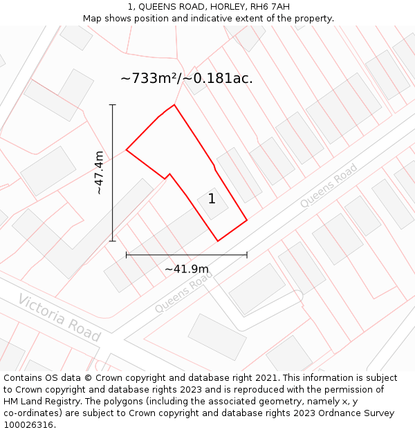 1, QUEENS ROAD, HORLEY, RH6 7AH: Plot and title map