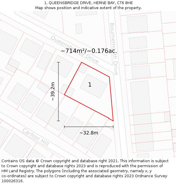 1, QUEENSBRIDGE DRIVE, HERNE BAY, CT6 8HE: Plot and title map