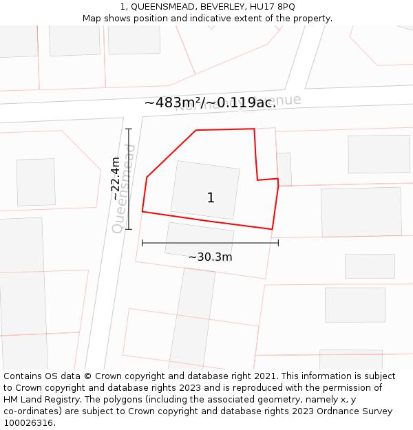 1, QUEENSMEAD, BEVERLEY, HU17 8PQ: Plot and title map