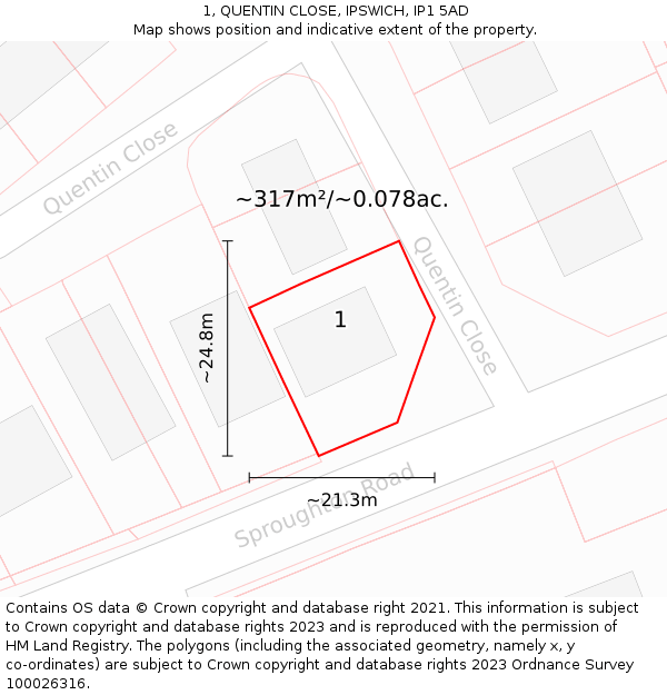 1, QUENTIN CLOSE, IPSWICH, IP1 5AD: Plot and title map