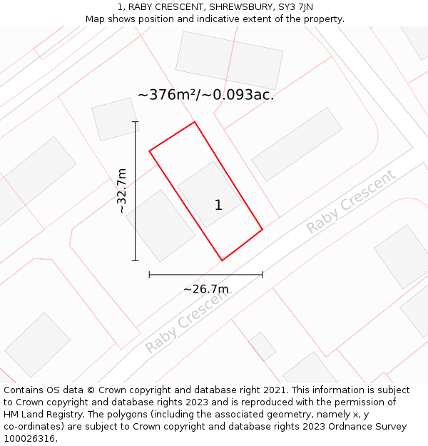 1, RABY CRESCENT, SHREWSBURY, SY3 7JN: Plot and title map