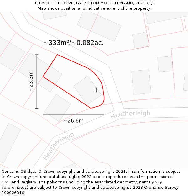 1, RADCLIFFE DRIVE, FARINGTON MOSS, LEYLAND, PR26 6QL: Plot and title map