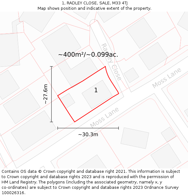 1, RADLEY CLOSE, SALE, M33 4TJ: Plot and title map