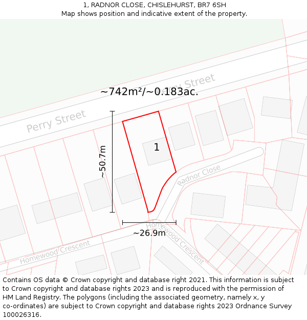 1, RADNOR CLOSE, CHISLEHURST, BR7 6SH: Plot and title map