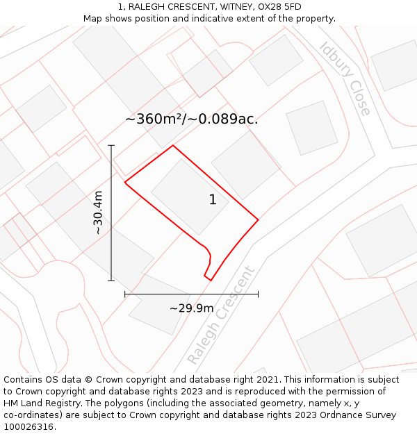 1, RALEGH CRESCENT, WITNEY, OX28 5FD: Plot and title map