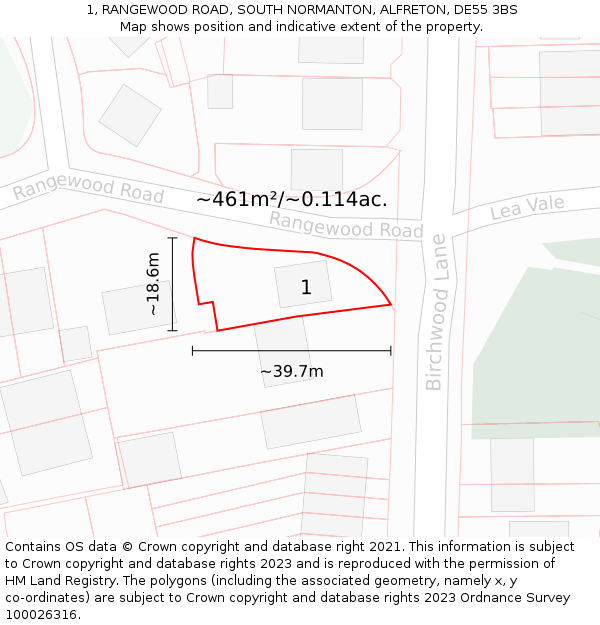 1, RANGEWOOD ROAD, SOUTH NORMANTON, ALFRETON, DE55 3BS: Plot and title map