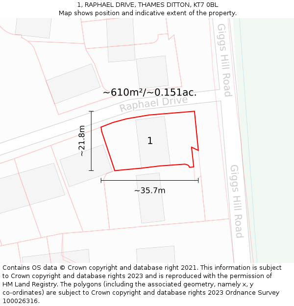 1, RAPHAEL DRIVE, THAMES DITTON, KT7 0BL: Plot and title map