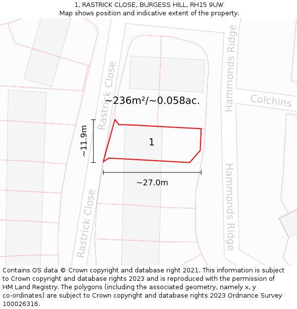 1, RASTRICK CLOSE, BURGESS HILL, RH15 9UW: Plot and title map